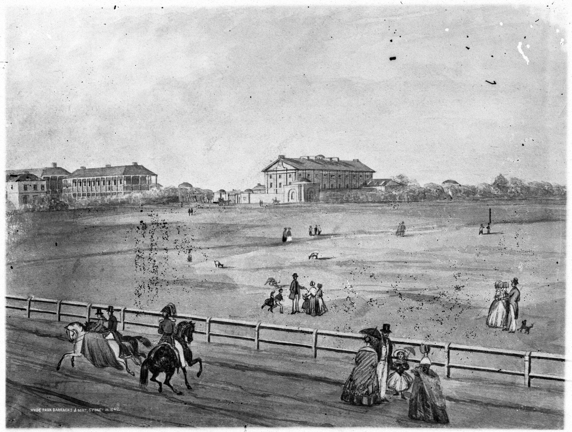 Sketch of Sydney in 1842 showing Hyde Park Barracks and the Mint in the background
