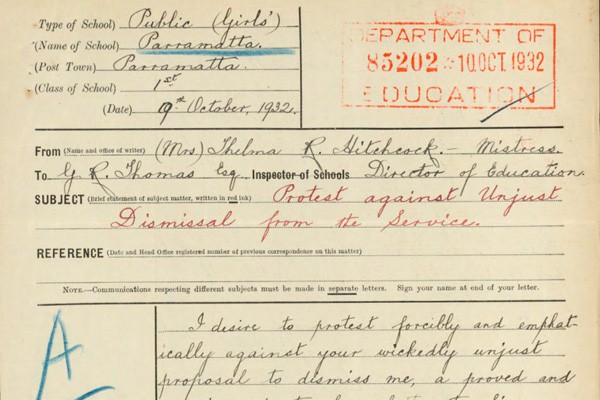 Digitised top half of page with the subject line 'Protest against unjust dismissal from the service'