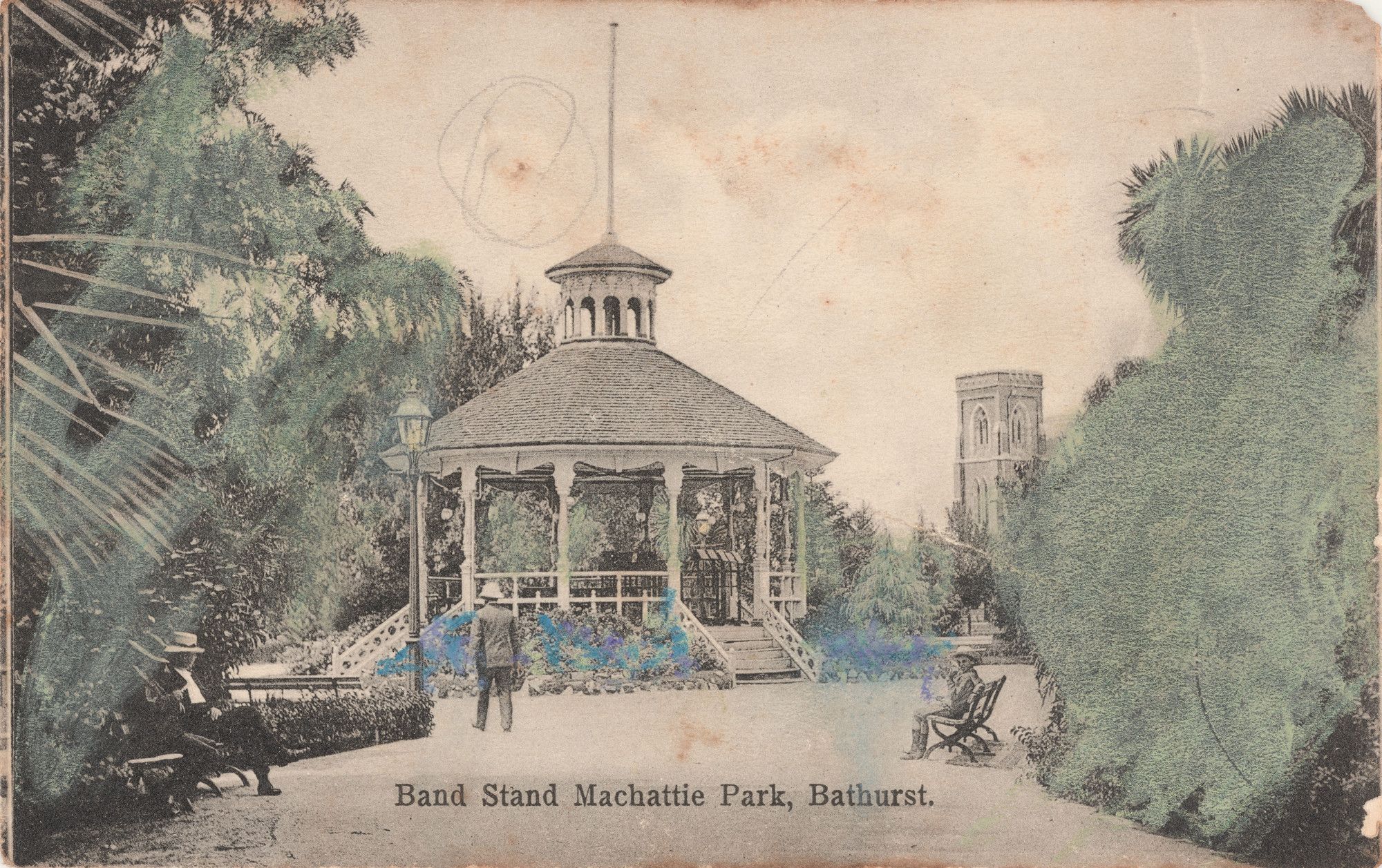 Postcard design with photo of Bandstand in a park