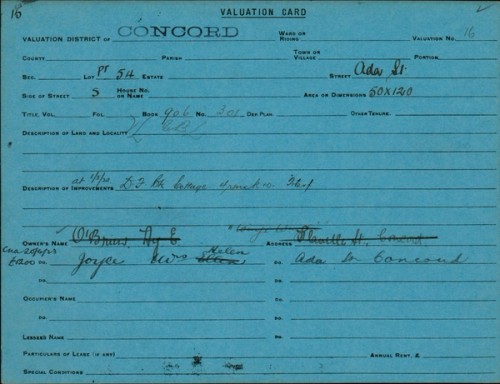 Digitised valuation card for a property in Concord