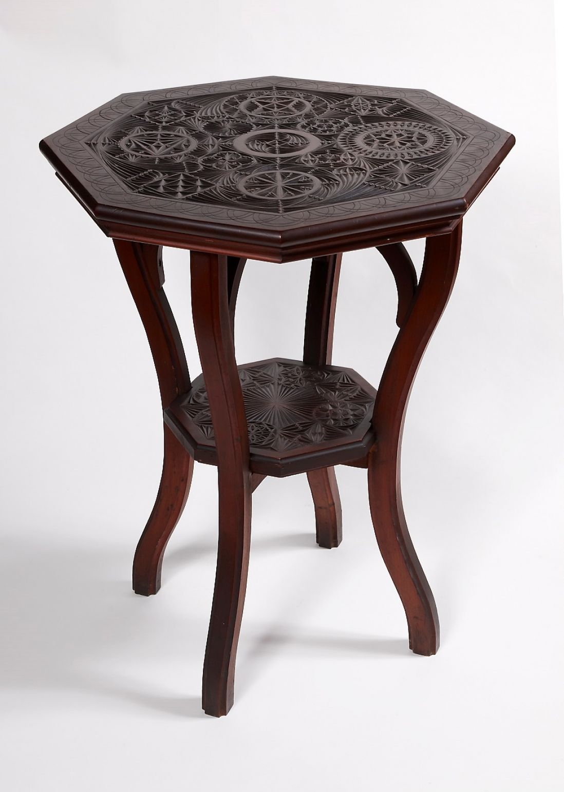  Chip-carved table  A demountable, chip-carved occasional table of kauri pine, made by carpenter George Stevenson Liggins (1874 -1907), Melbourne, c1902. 80(h) x 59(w) x 59cm(d).  Timbers chosen for chip-carving in Australia were typically softwoods such as pine, maple or cedar. In this example, the table tops are constructed from Kauri Pine, along with the two larger supports, while the two smaller supports (not visible in this photo) are constructed from Queensland Maple and were probably added at a later date to stem warping of the larger top.  