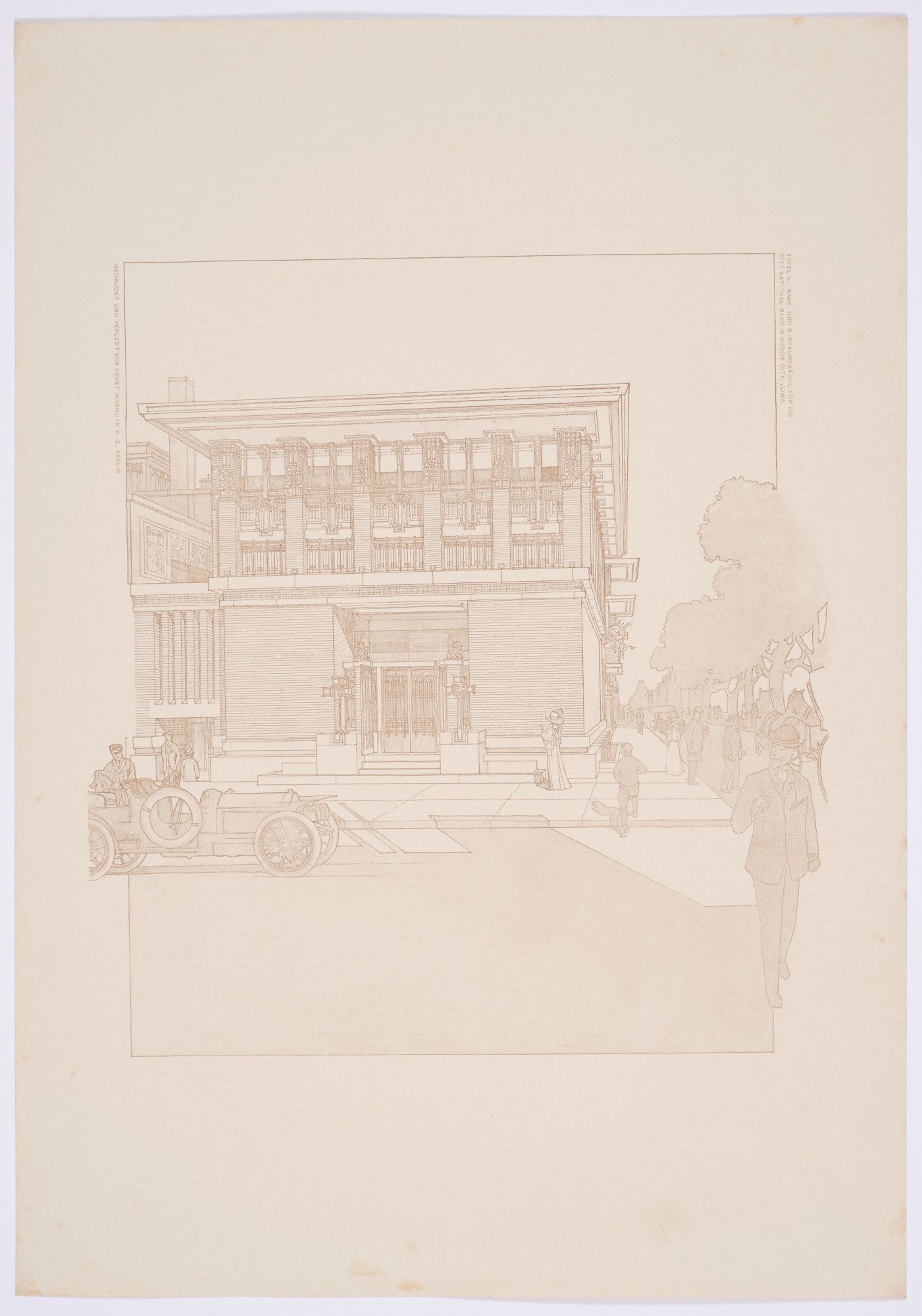 Drawing of a bank and office building in Mason City, Iowa