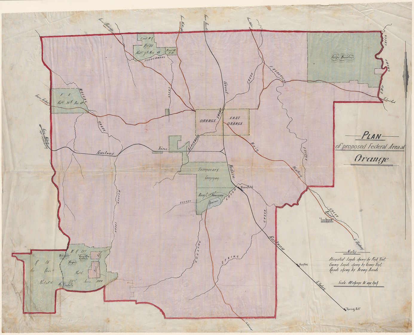 A hand drawn coloured map of Orange NSW