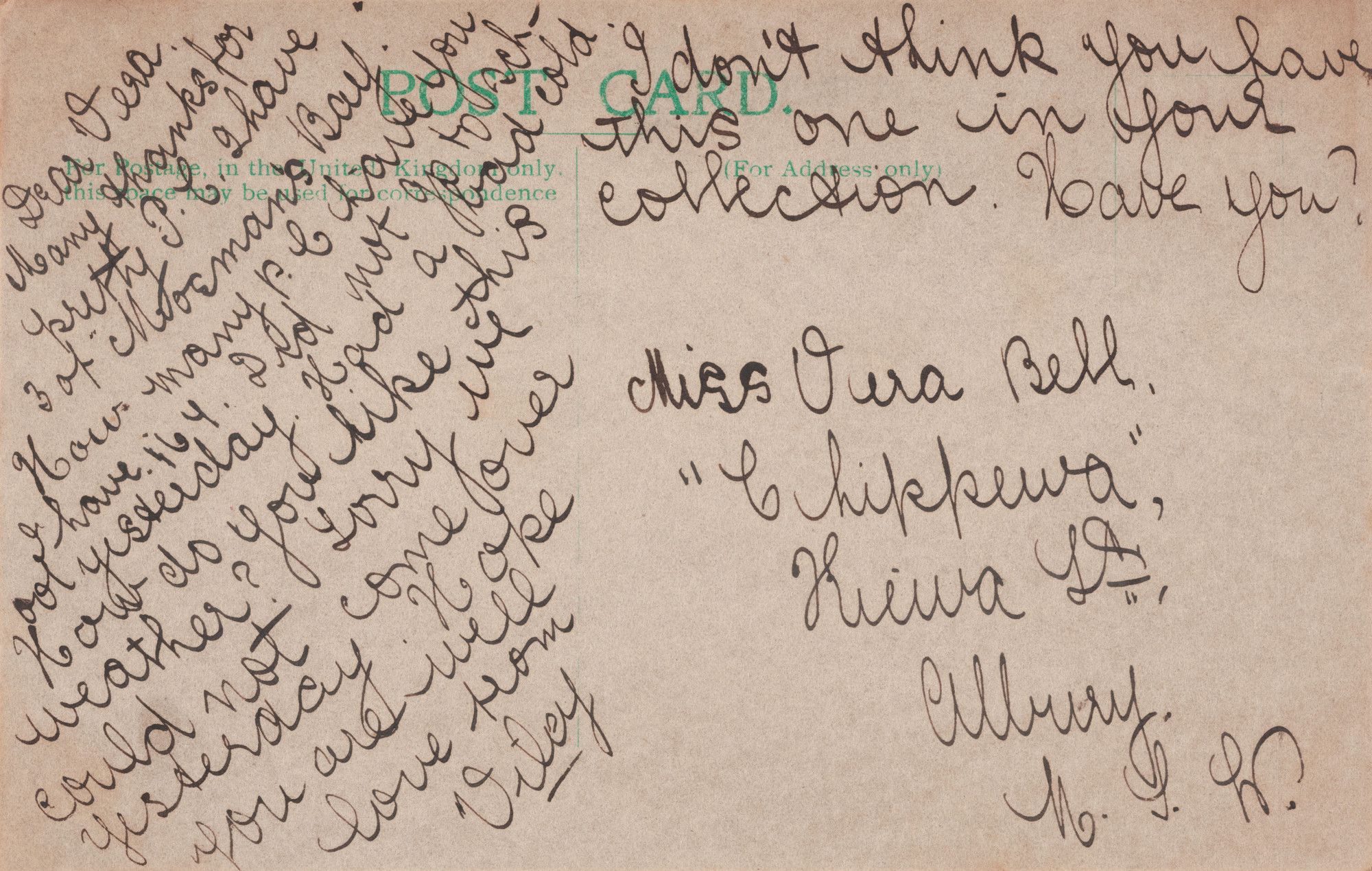 Back of postcard addressed to Miss Vera Bell