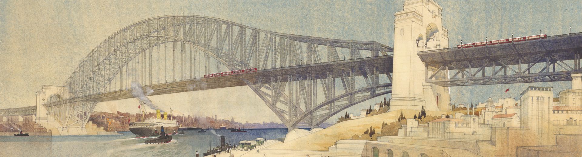 c.1923 coloured sketch of alternative cantilever Sydney Harbour Bridge
