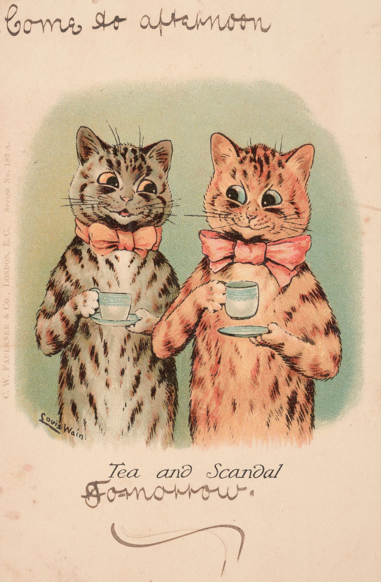 Postcard design with a painting of two cats drinking tea