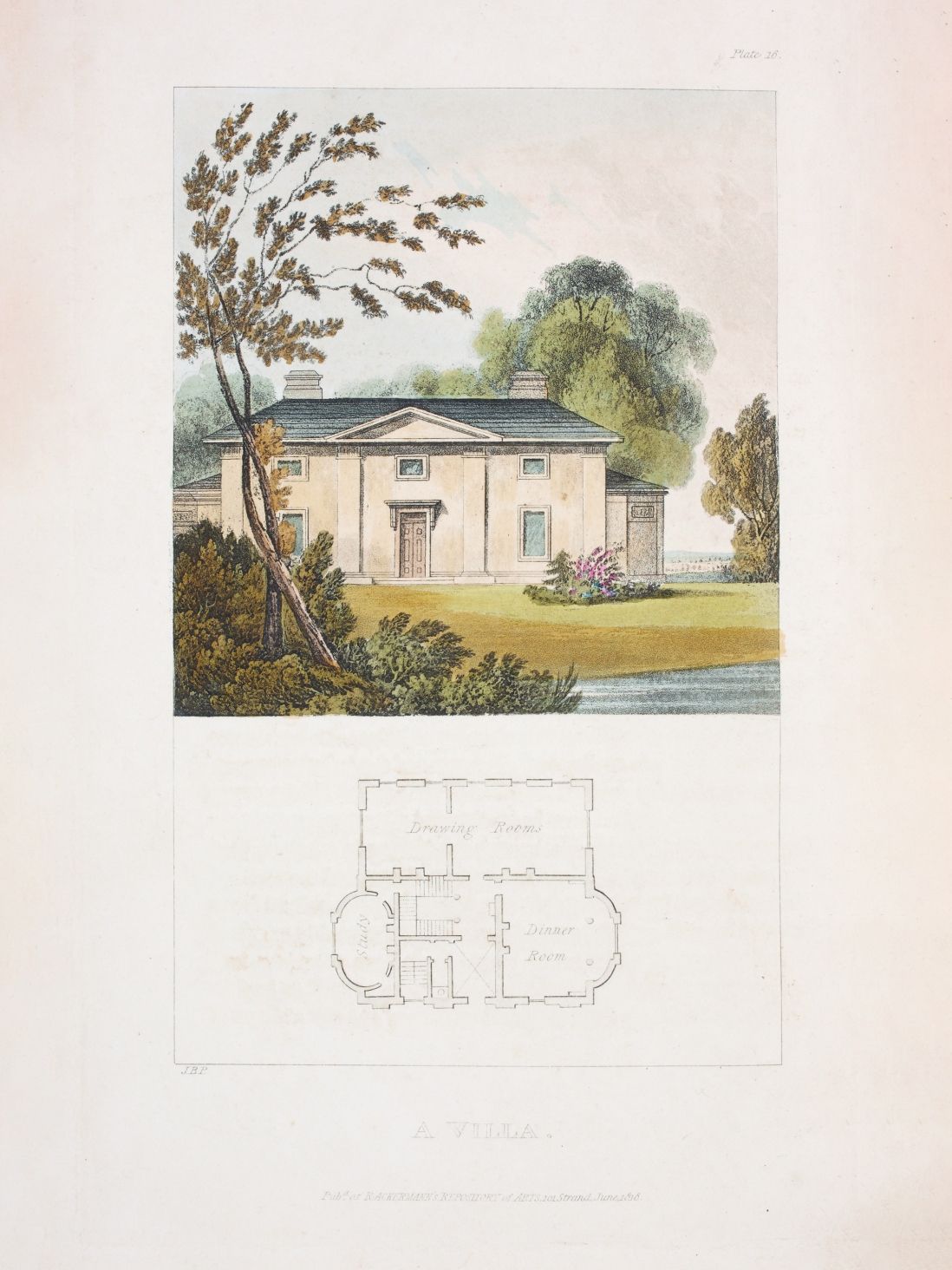 A watercolour paiting of a house with a plan skecth underneath