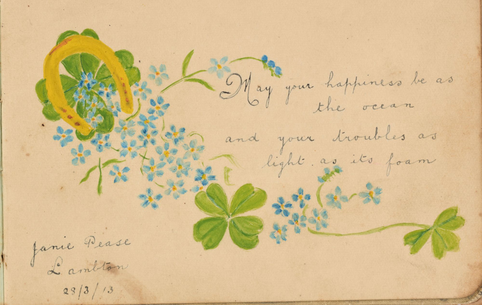Page from Dolly Youngein’s autograph album showing handwriting decorated with a flower design