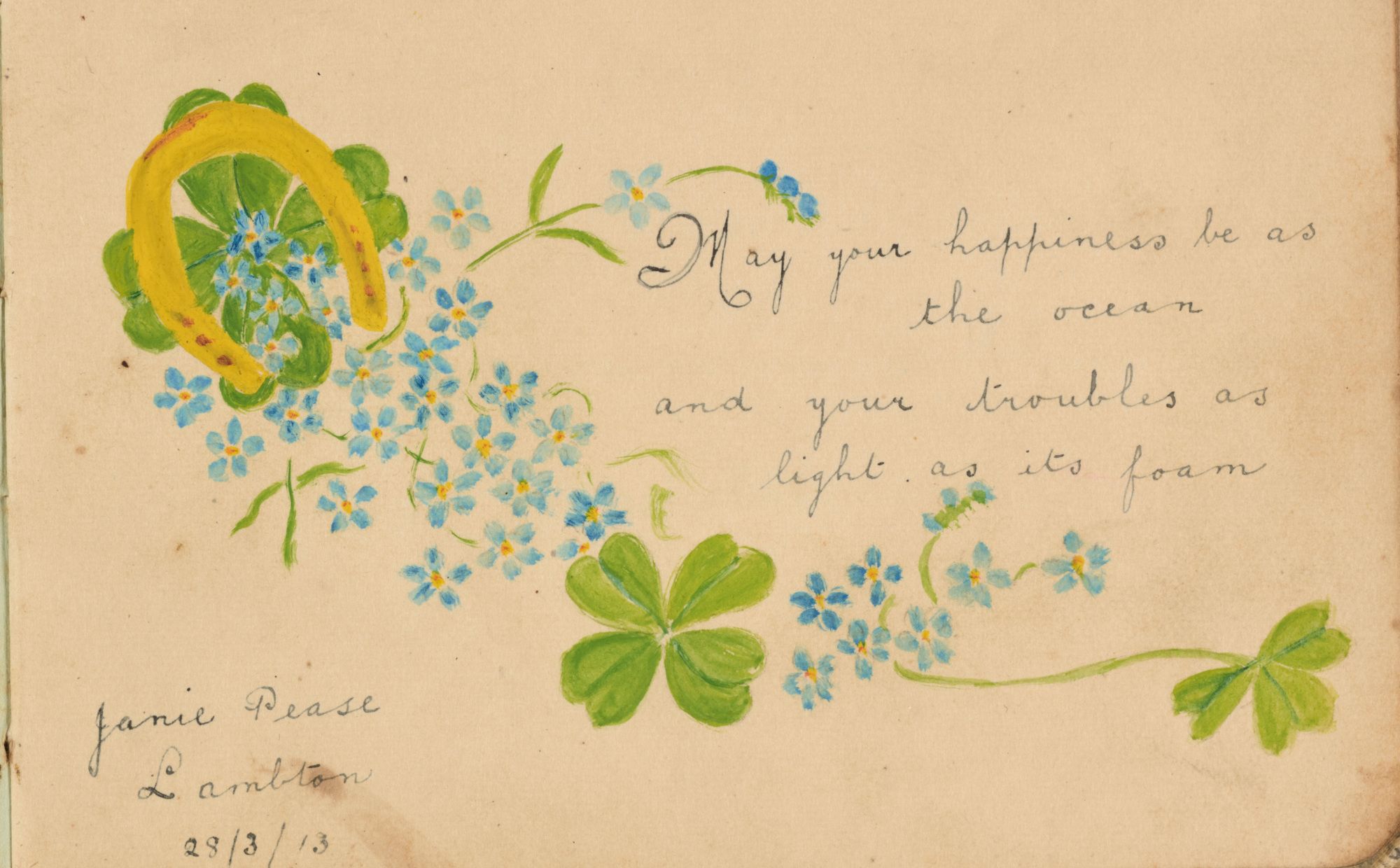 Page from Dolly Youngein’s autograph album showing handwriting decorated with a flower design