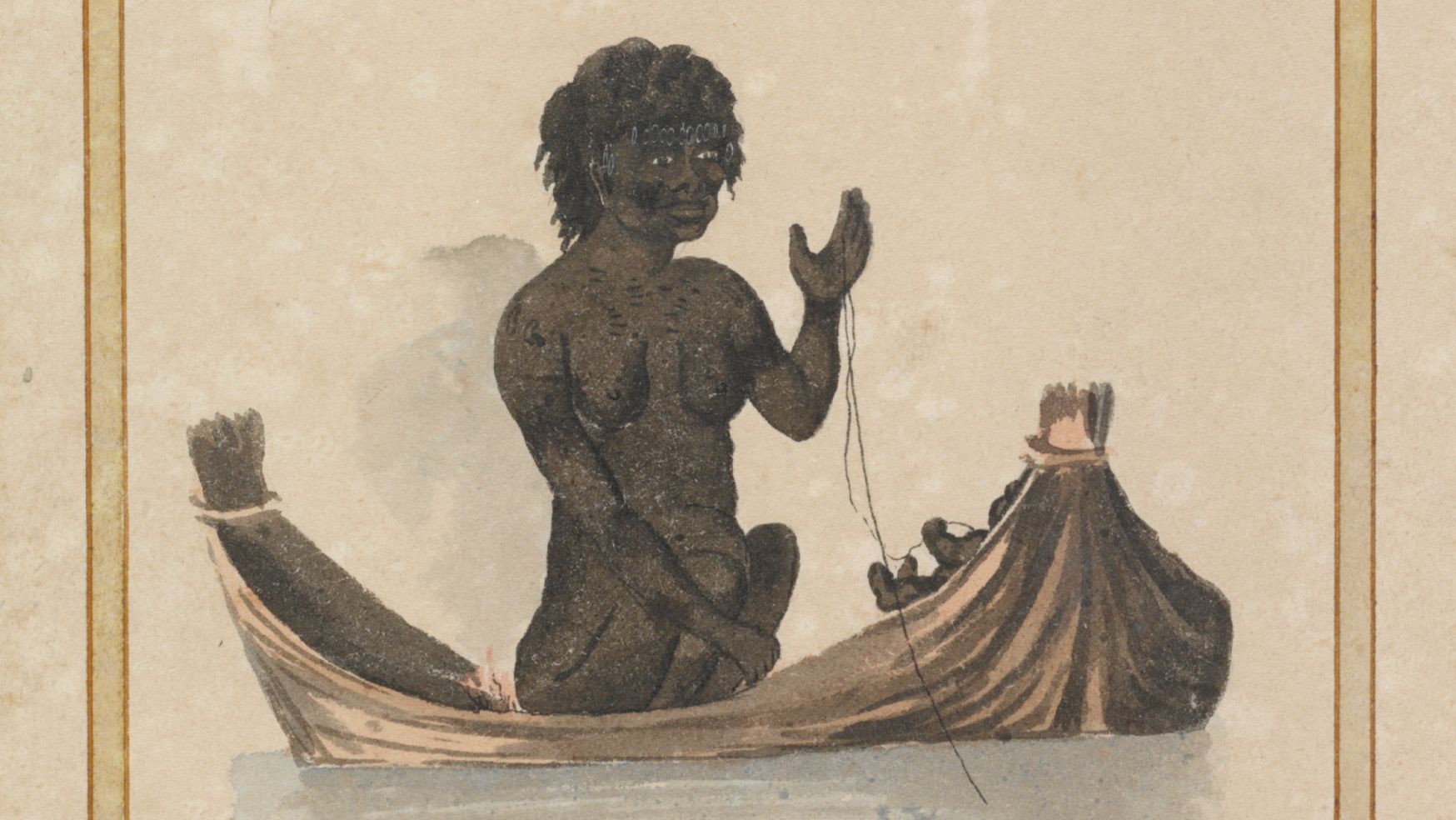 Handpainted image from book of woman in canoe. Margins of page visible on left and right.