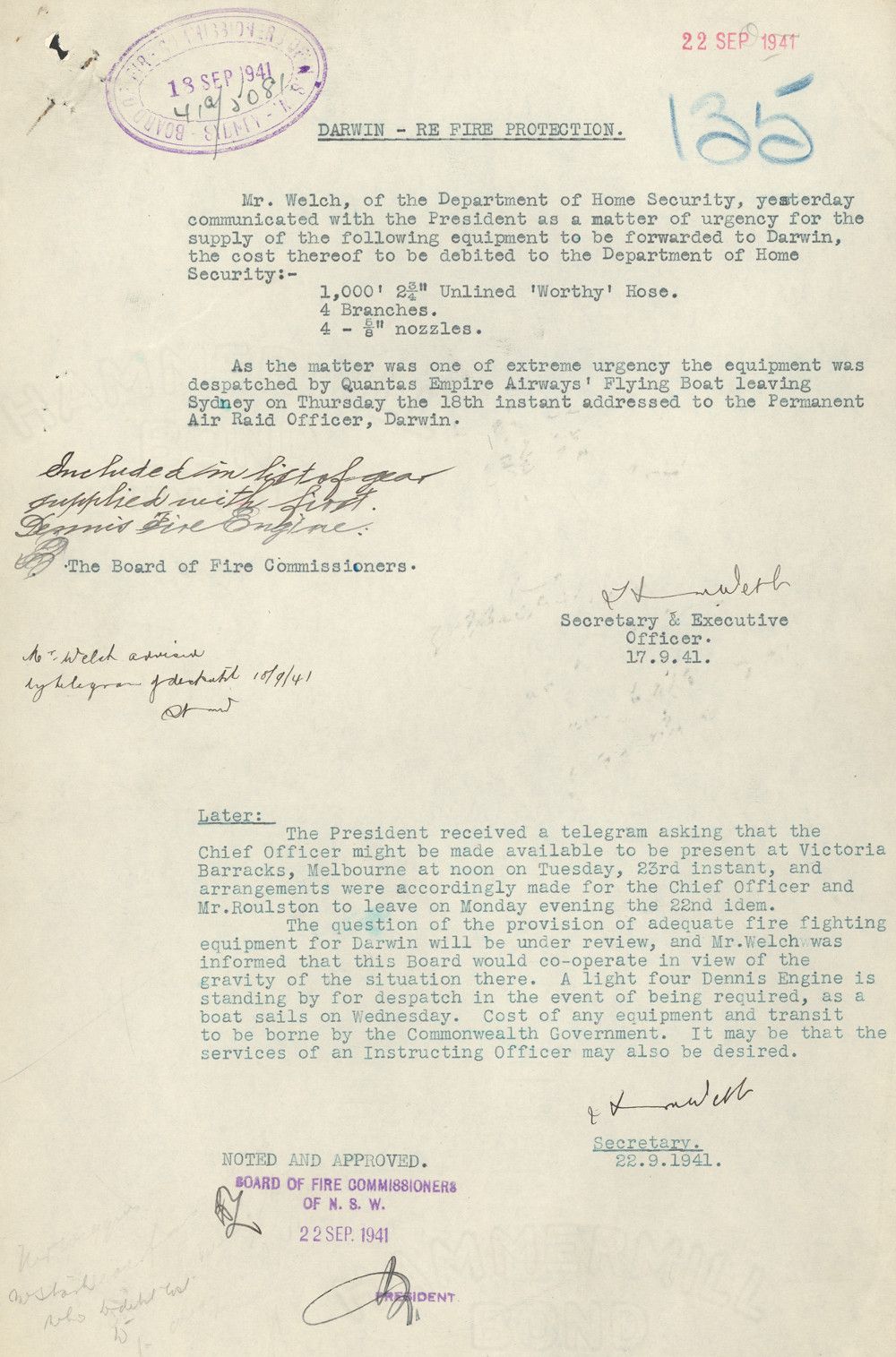 Typed letter titled Darwin re fire protection. Stamped Sep 1941