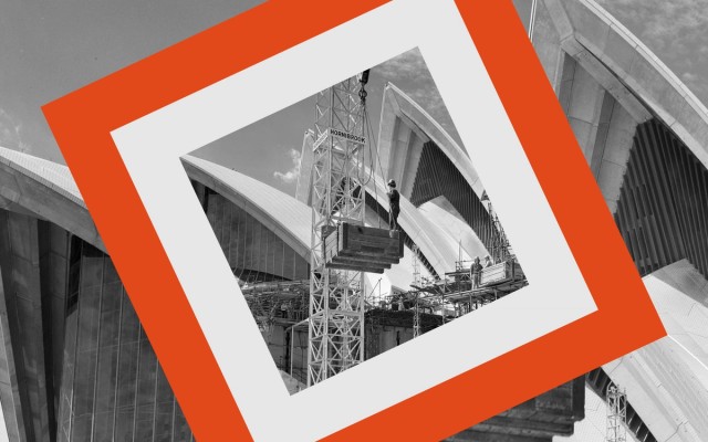 Sydney Opera House sails with a crane in front and the Sydney Open graphic over the top