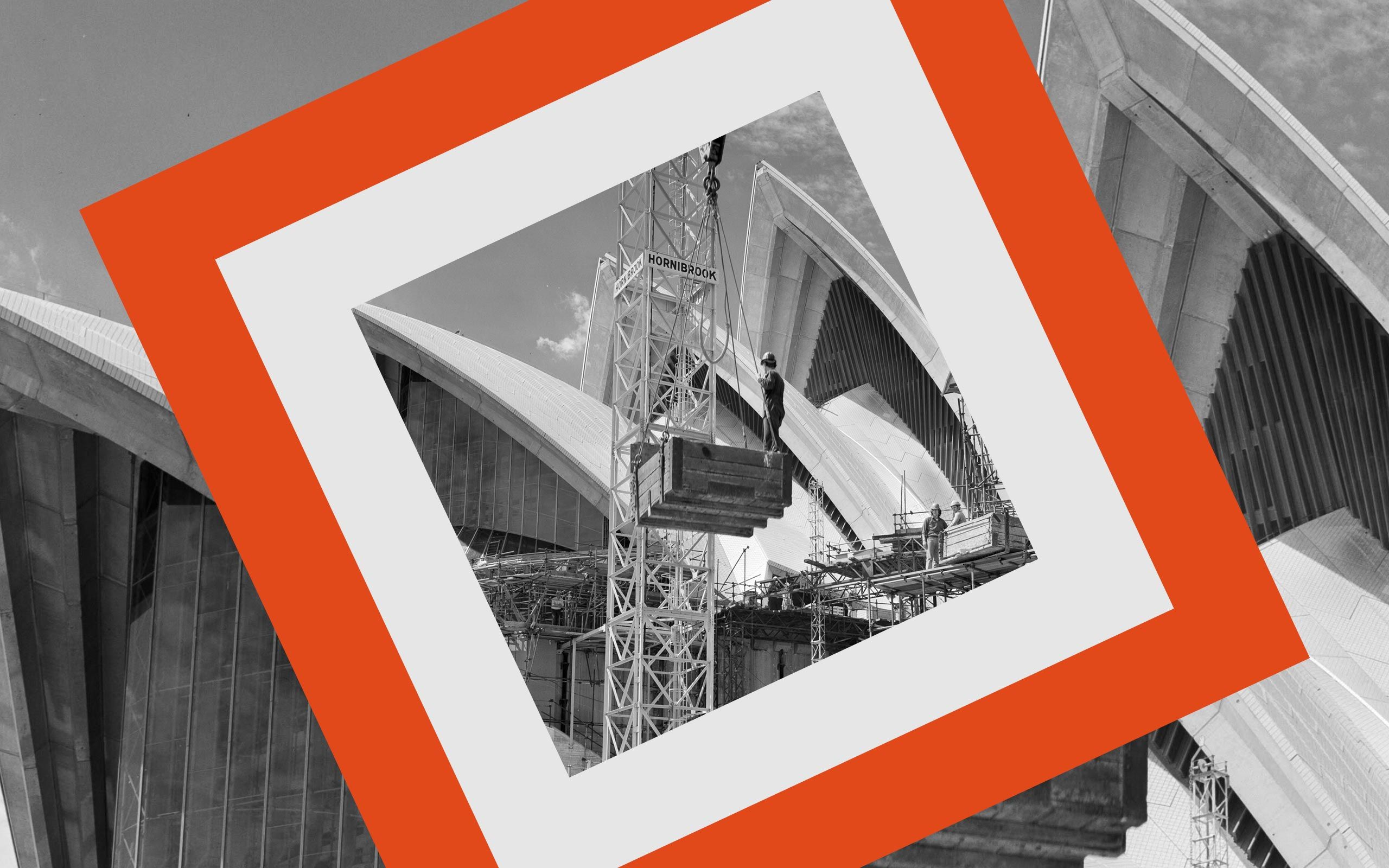 Sydney Opera House sails with a crane in front and the Sydney Open graphic over the top