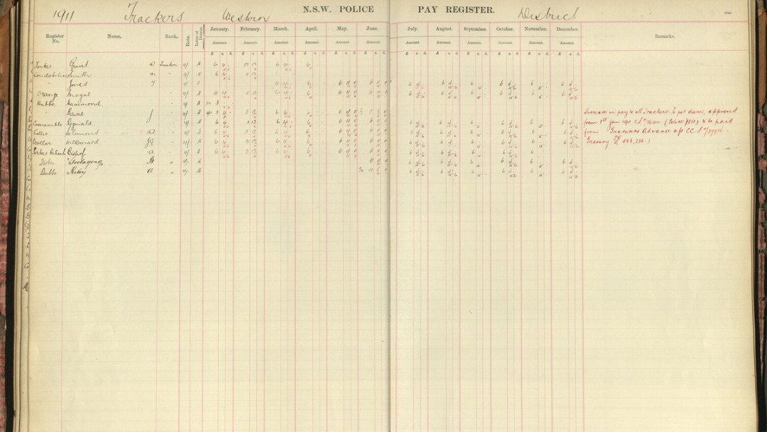 The NSW Police salary register for 1911 lists police trackers employed in the Western District. Tracker Riley’s is the last name