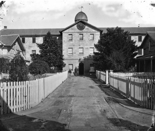 A driveway with white picket fencing on wither side leads to a large sandstone building