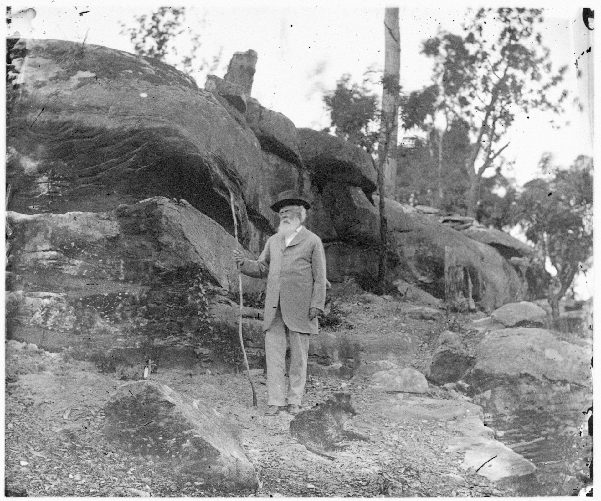 A man in a suit with a white beard stands on rocky bushland holding a tall walking stick