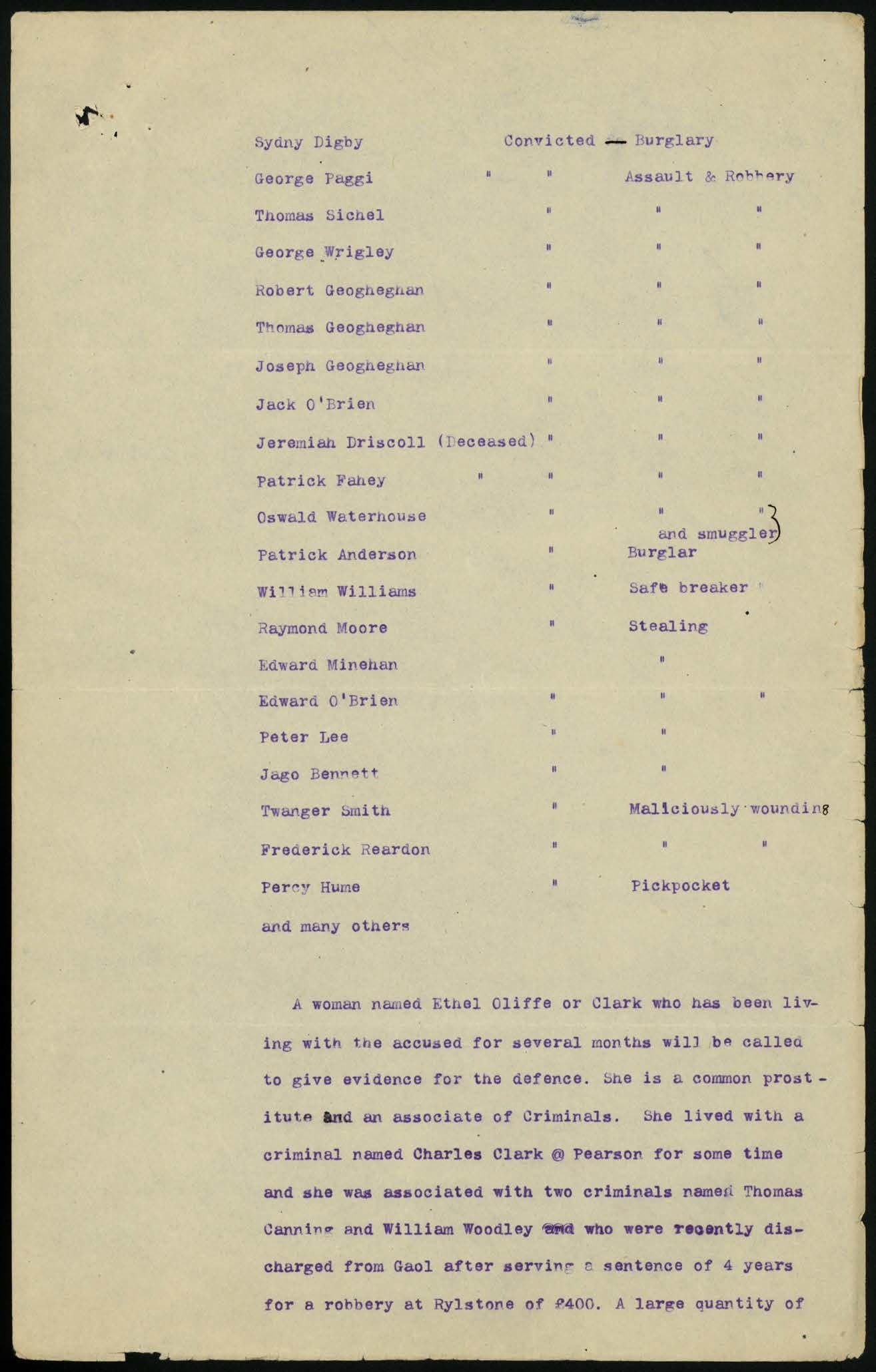 Page from the court papers listing associates of Kate Leigh