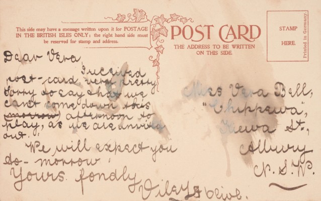 Back of postcard with short text address to Miss Vera Bell