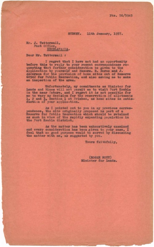 Response letter from Mr Roger Nott, NSW Minister for Lands, to Jack Tattersall, 11 January 1957