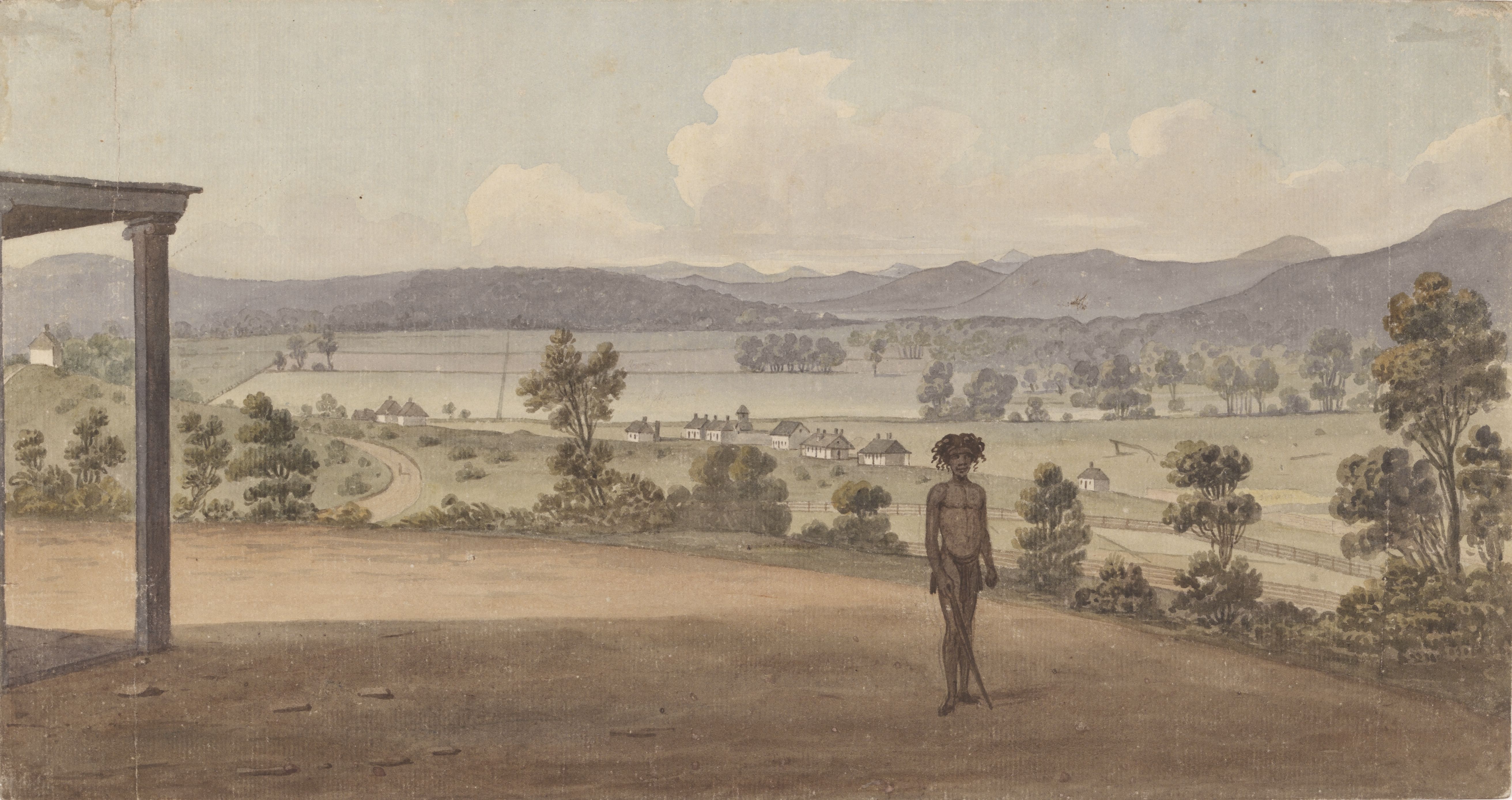 Paiting showing a first nations man in front of a vallay with what look like new buildings in the background