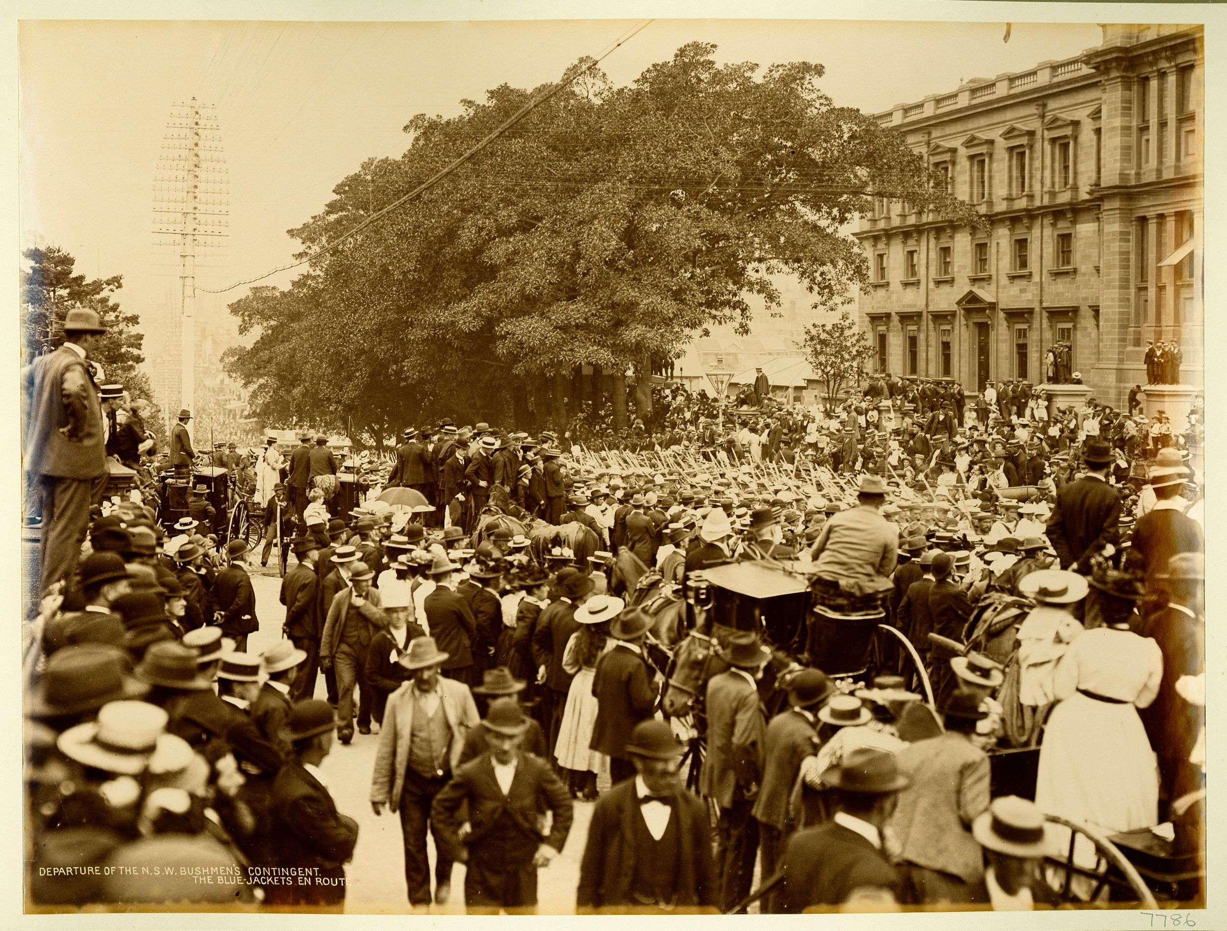 Large crowds watch a military procession