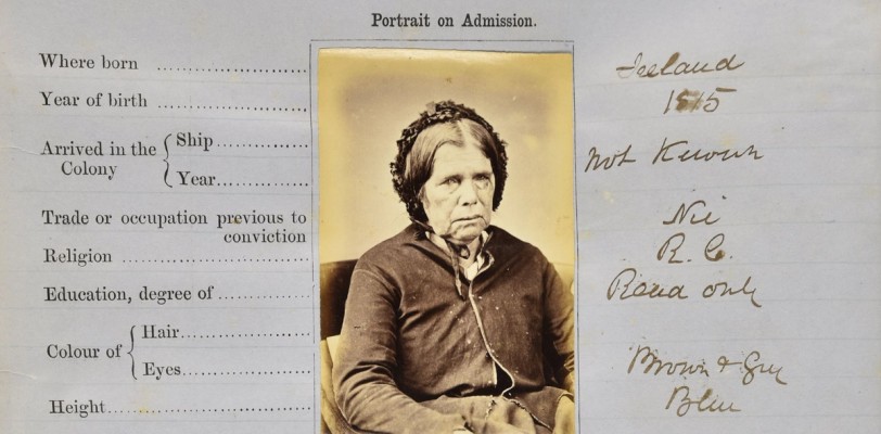 Mugshot of an elderly woman on a gaol admission form