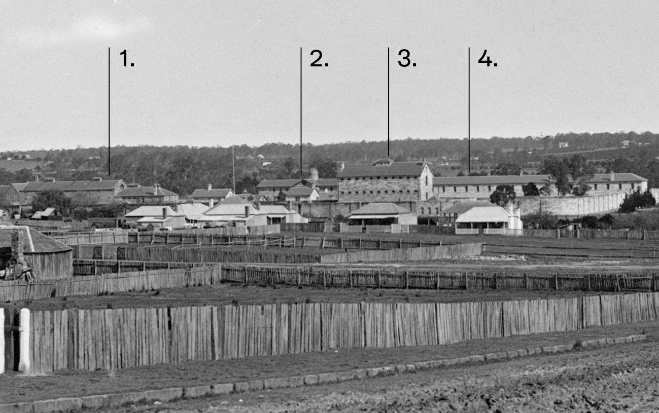 General view of Parramatta Gaol, c1880. 