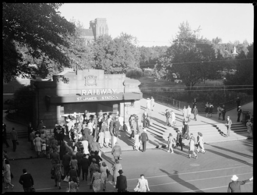 Crowds at the entrance to St James Station