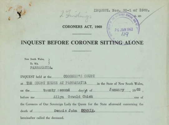 Top half of a page from an inquest file titled 'Inquisition before Coroner sitting alone'