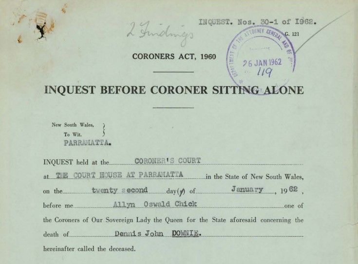 Top half of a page from an inquest file titled 'Inquisition before Coroner sitting alone'