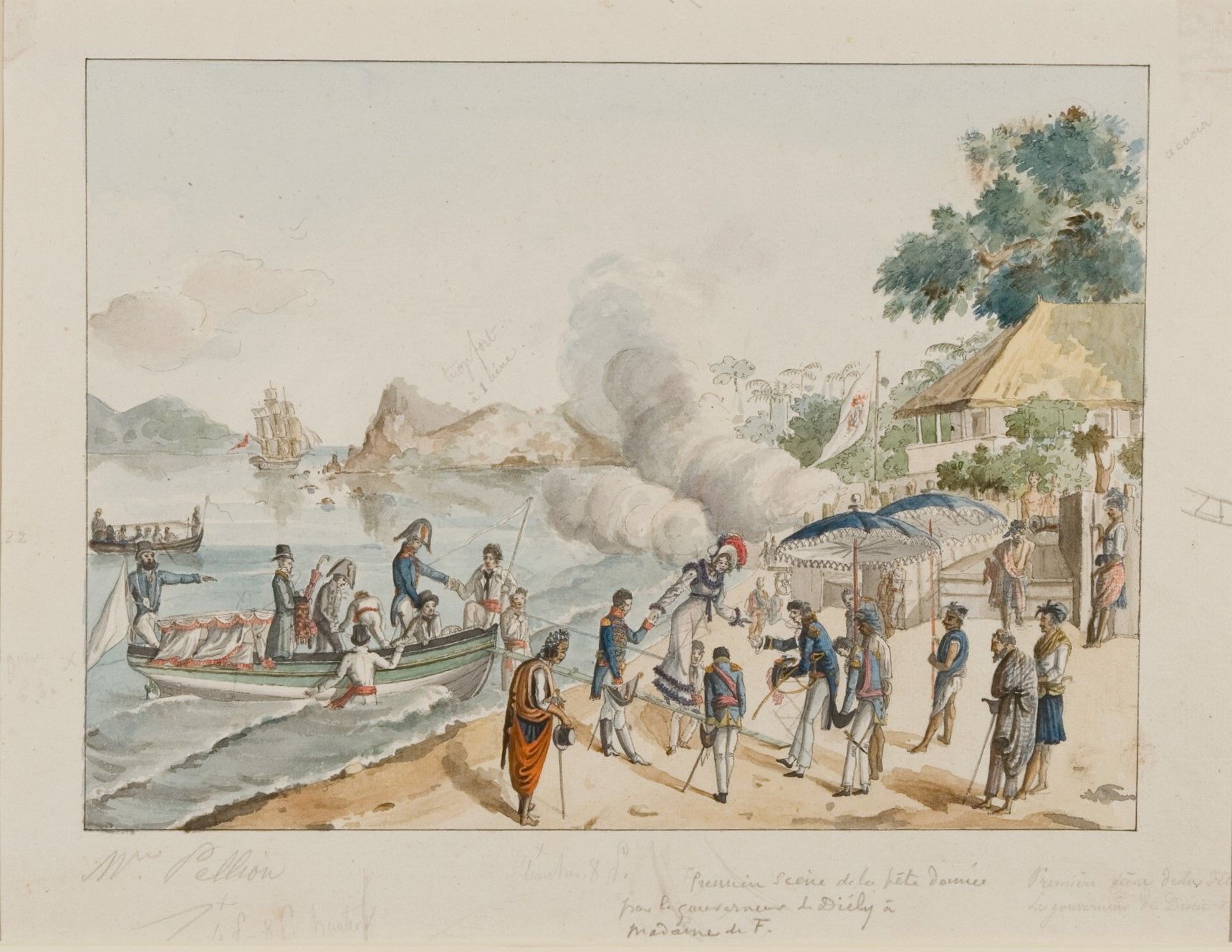 Watercolour of a group of people landing ashore