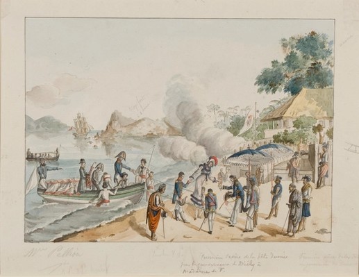 Watercolour of a group of people landing ashore