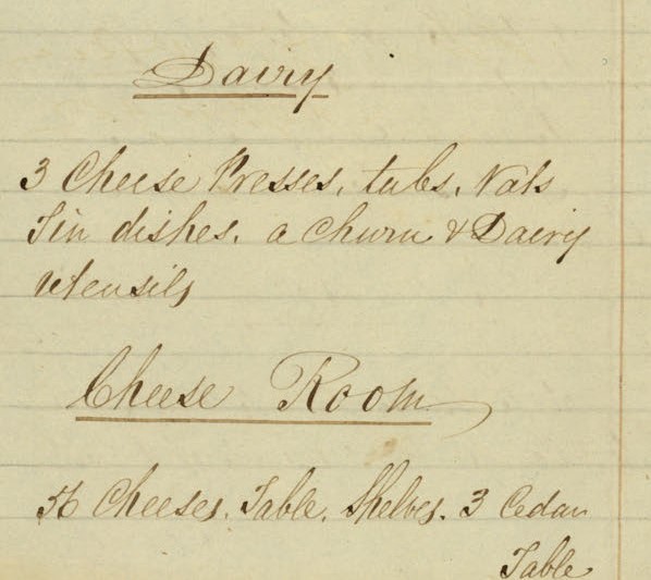A handwritten list of assets in kitchen, dairy, cheese room and barn