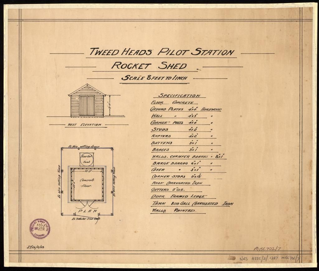 1923 plan of the Tweed Heads Pilot Station Rocket Shed Plan, Elevation & Specificatio
