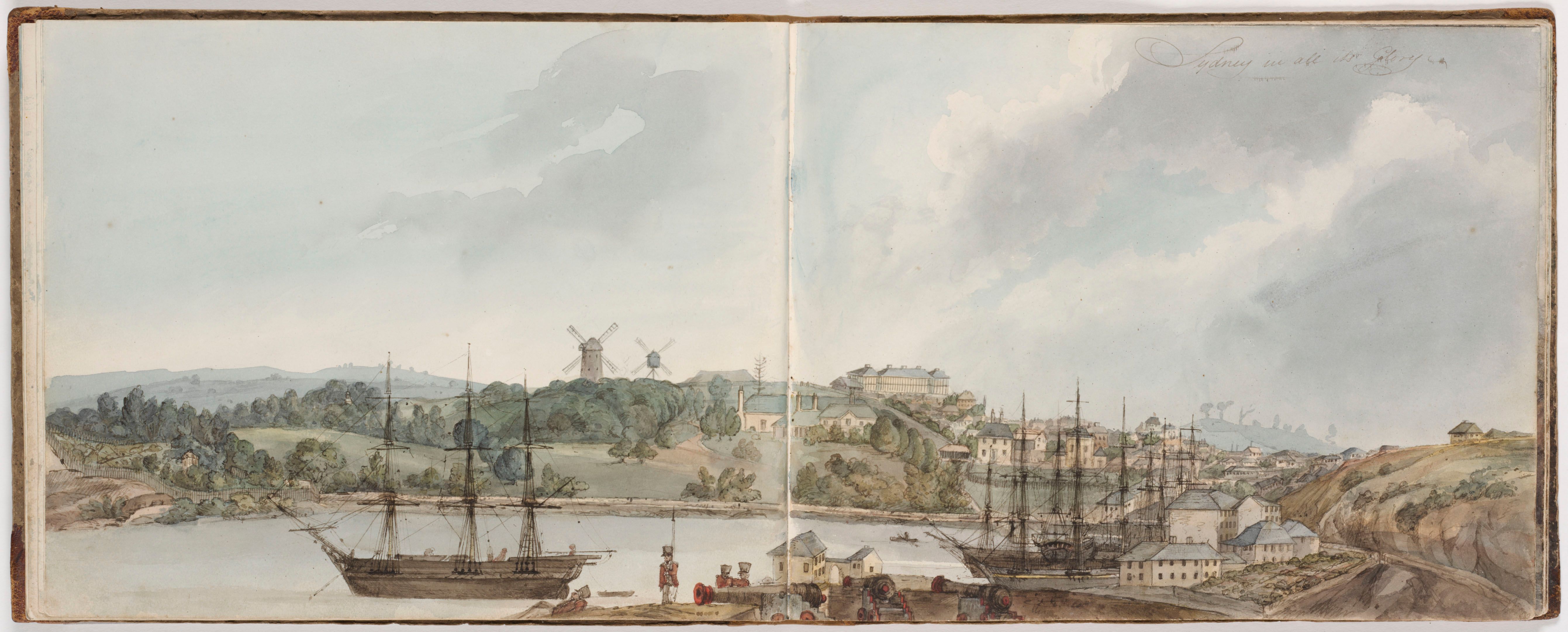 water colour painting in sketchbook showing sweeping views cross Sydney cove, past ships and water craft and docks through to the colonial town of sydeny and up to ridge beyond.