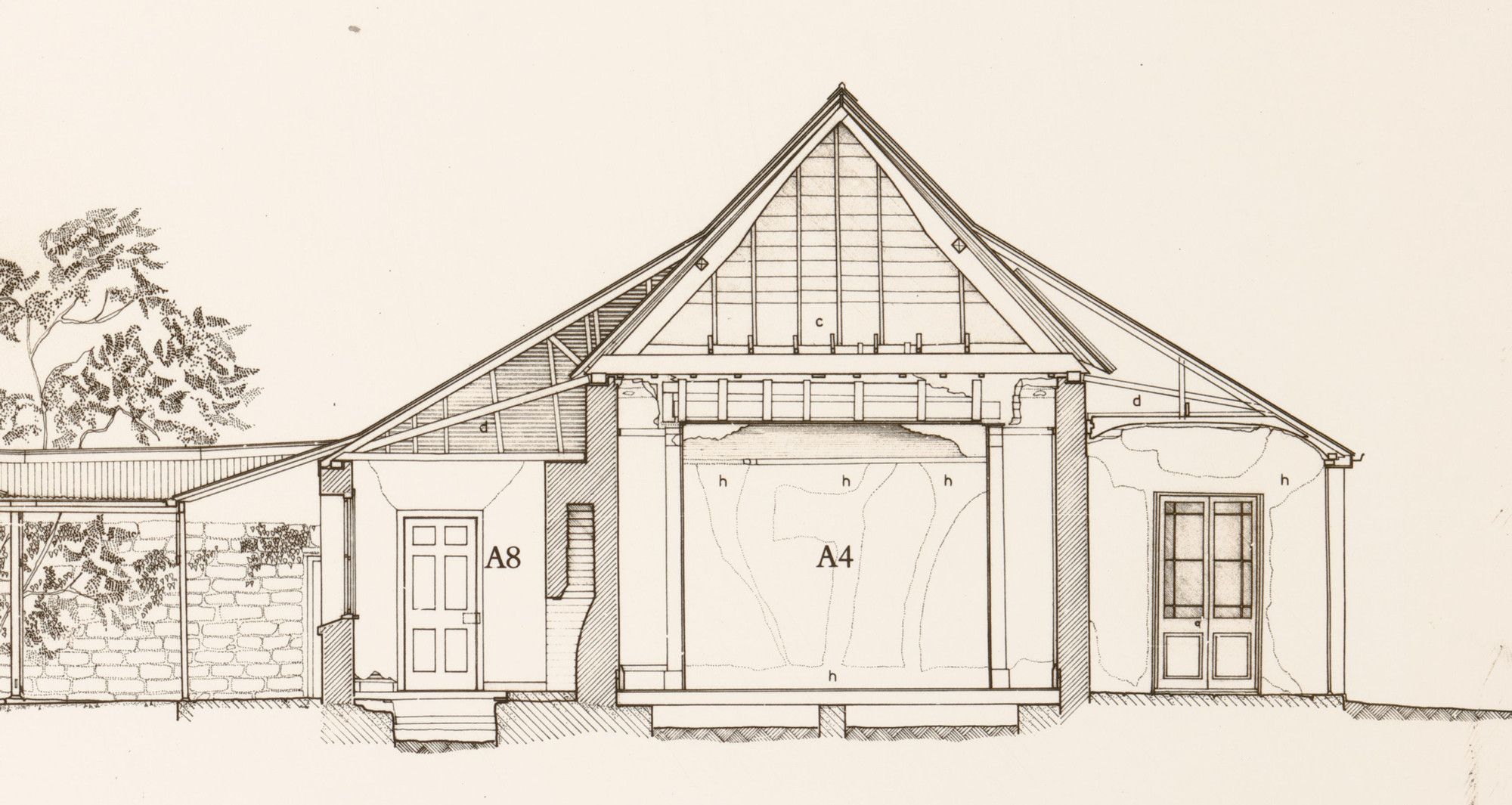 This section illustrates how the 1825–28 verandah with its coved ceiling was built against the original 1793 cottage. Detail of sheet 6: 'Elizabeth Farm, section BB'