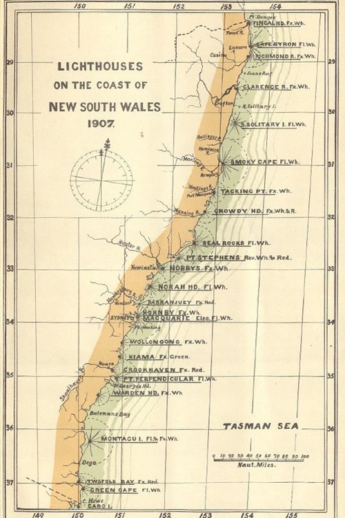Plan of NSW coast dated 1907 showing lighthouses
