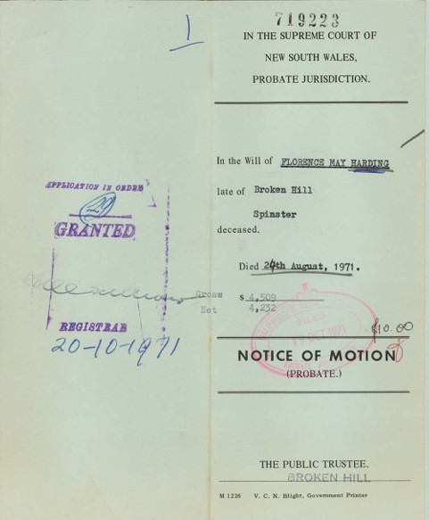 Probate file for Florence May Harding