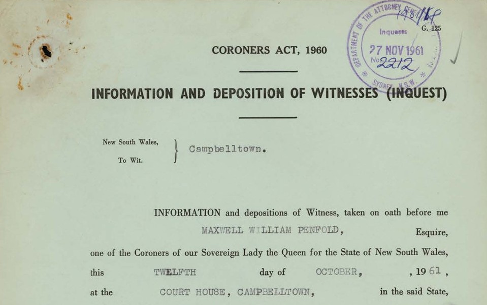 Page from the inquest file Douglas Perryman