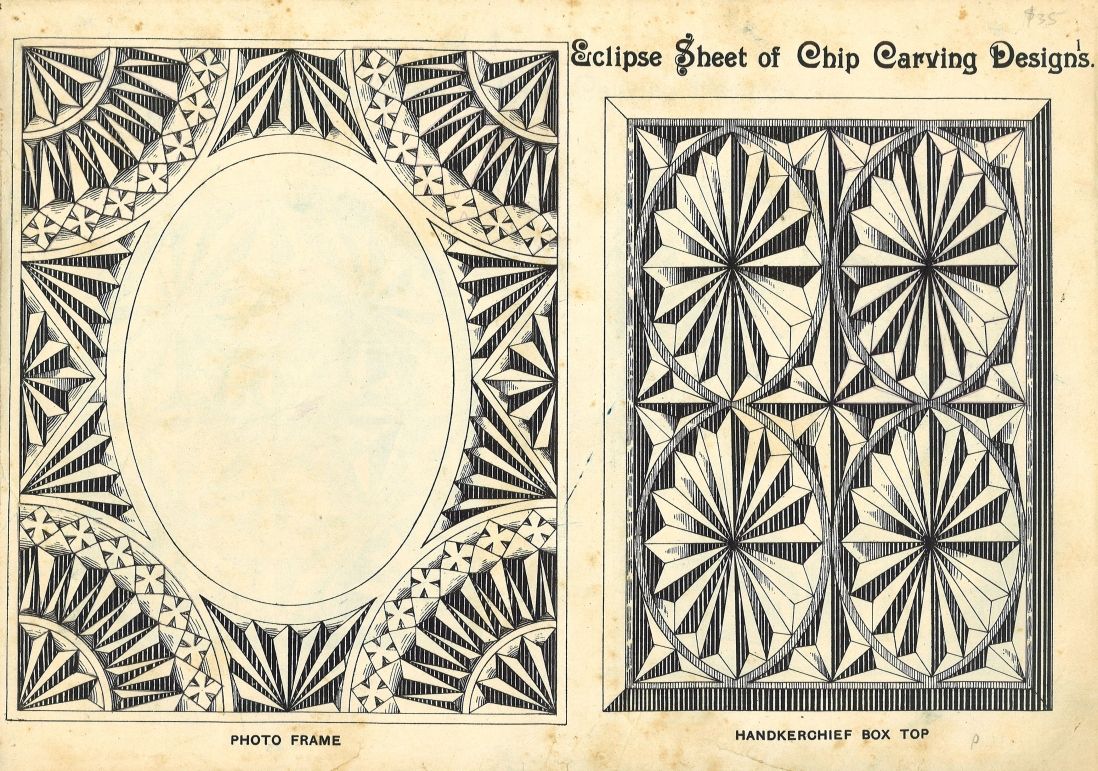 Eclipse chip-carving designs  Designs for a photo frame and a handkerchief box top from: 'The "Eclipse" book of chip carving designs: containing 21 patterns', c1910. For more information about this item, see the library catalogue.  Pattern books such as this one provided ideas and designs for the ornamentation of chip-carved domestic items.  Caroline Simpson Library & Research Collection, Museums of History NSW. FRB 745.51 ECL.