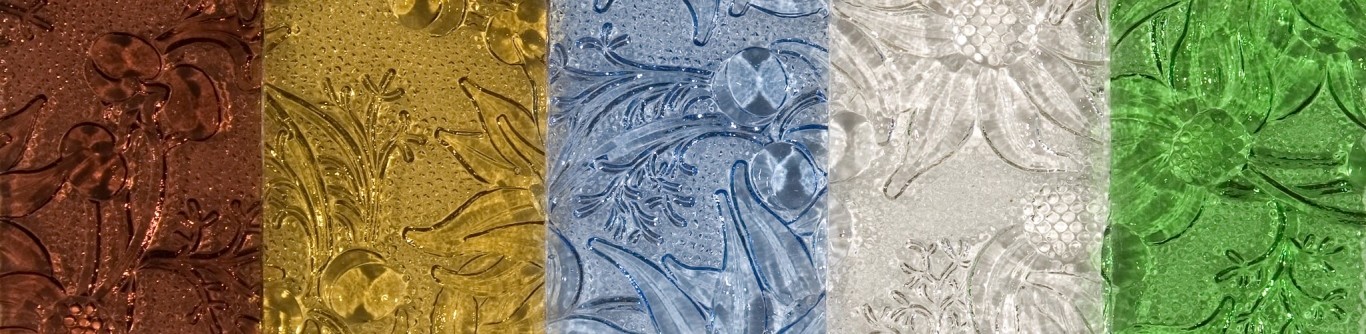 'Flannel flower' figured rolled glass samples, distributed by James Sandy & Co, Sydney, 1909-14. 9.5(h) x 4.5cm(w) [each sample]. Caroline Simpson Library & Research Collection, Museums of History NSW. L2007/252.