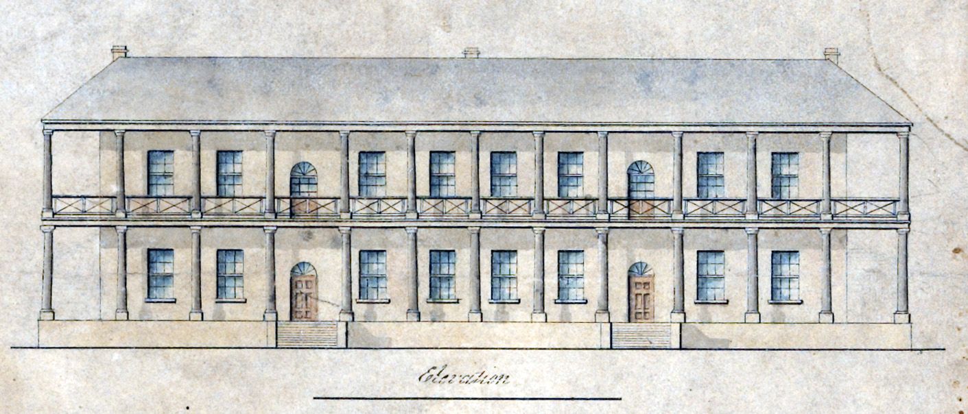 Painting of a two story building with columns holding up a veranda.