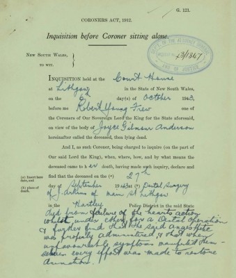 Page from a inquest file titles Inquisition before coroner sitting alon