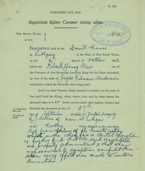 Page from a inquest file titles Inquisition before coroner sitting alon