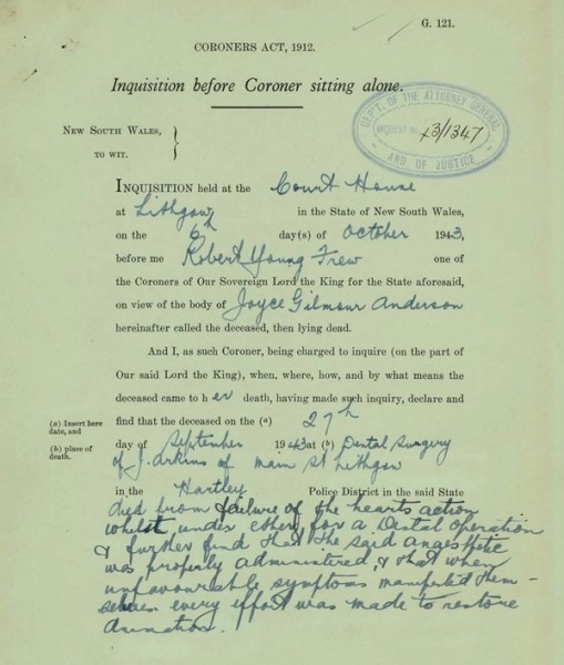 Page from a inquest file titles Inquisition before coroner sitting alon