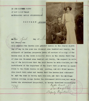 Page from the Divorce file of William George Dunbar and Marie Dunbar