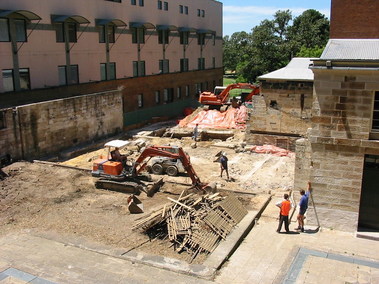 Archaeological excavation on the northern part of the site. Works in this area, comprising the site of the gas generating room (foreground), the rolling room (centre) and the crushing room (excavation at rear) revealed wall foundations, machinery bases and trenches, hearths, furnaces, drainage systems and an underground flue