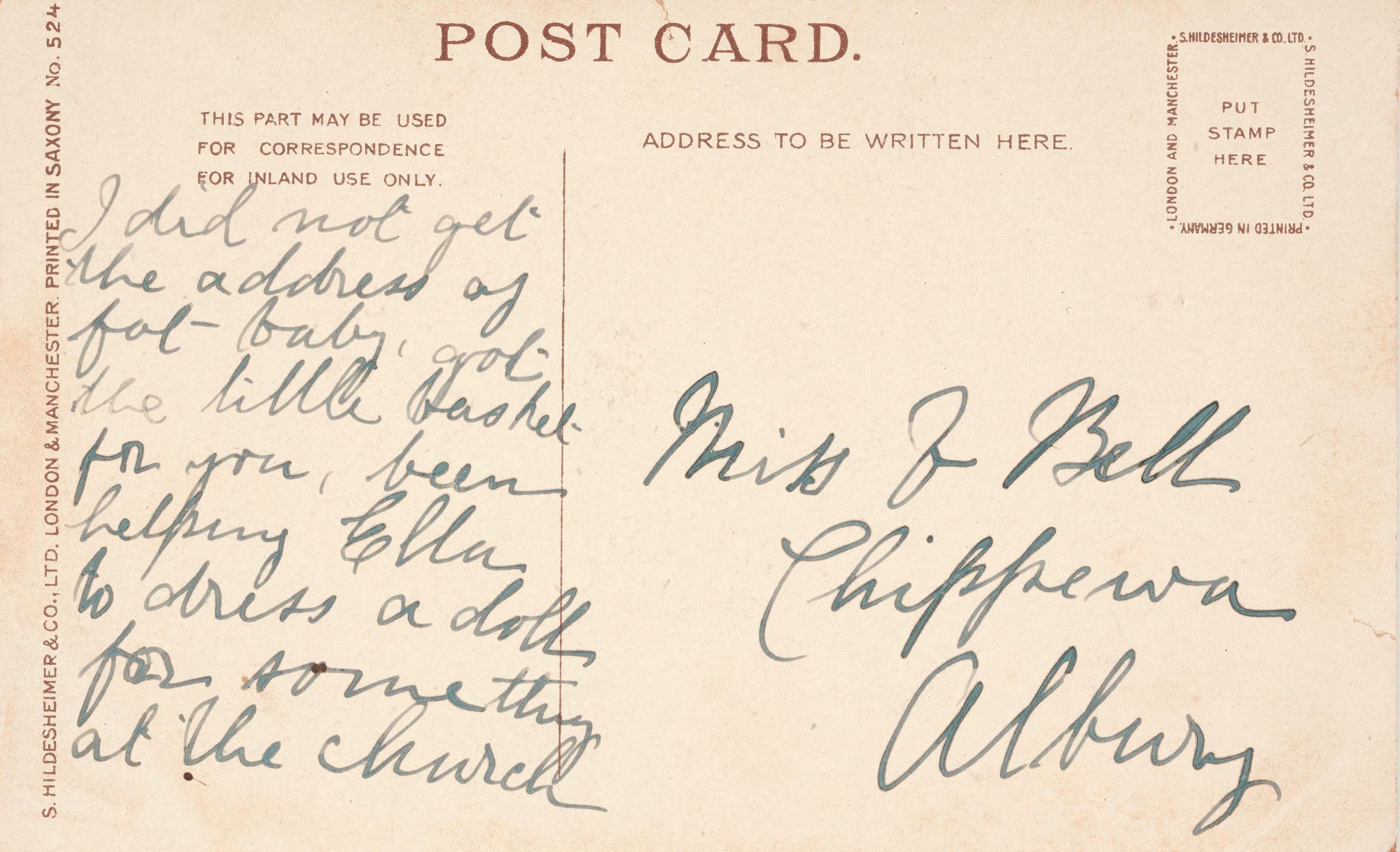 Back of postcard addressed to Vera Bell