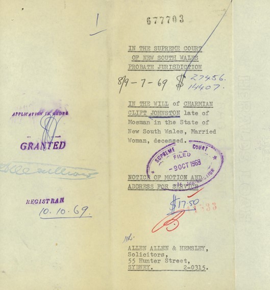 Probate file for Charmian Clift