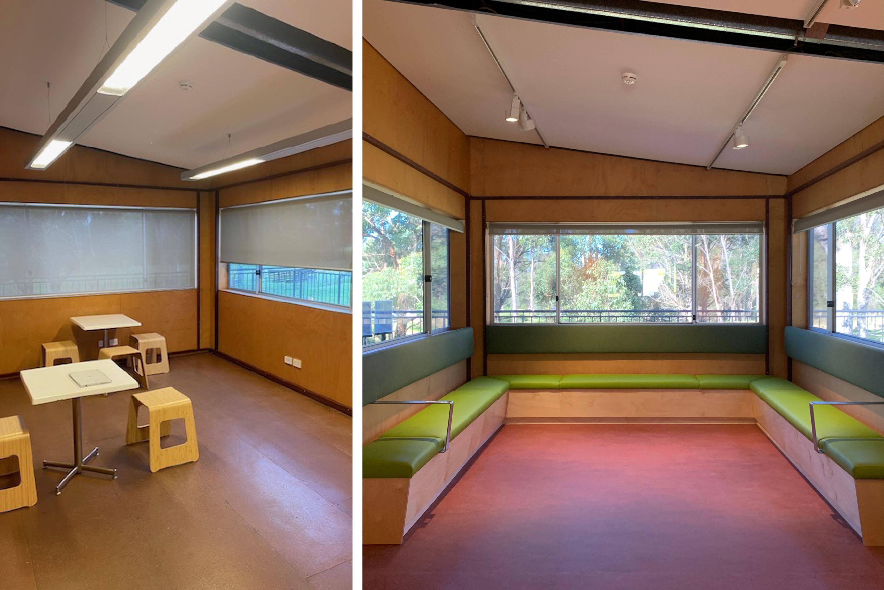 The seating layout in the visitor centre at Rouse Hill Estate before (left) and after the refurbishment works